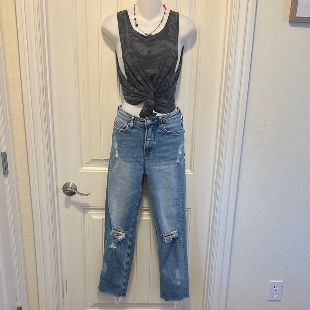 BAYEAS Blue Straight Leg Jeans with Distressed Details